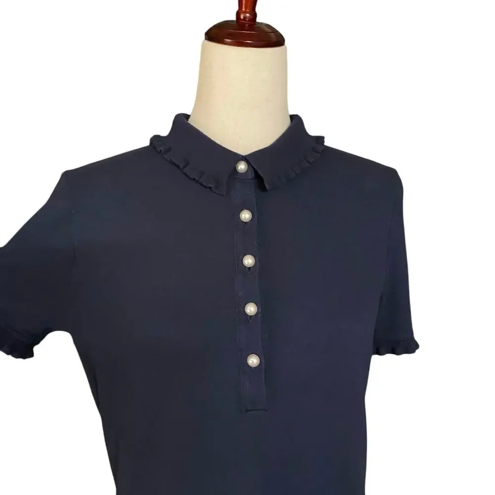 Tory Burch Pearl Button Polo Womens M Lettuce Hem Collar and Sleeves Navy Preppy